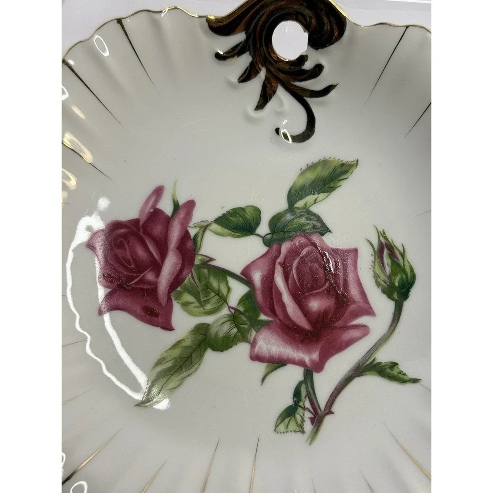 Vintage Hanging Scalloped Edge Floral‎ Dish Roses Gold Trim White Porcelain